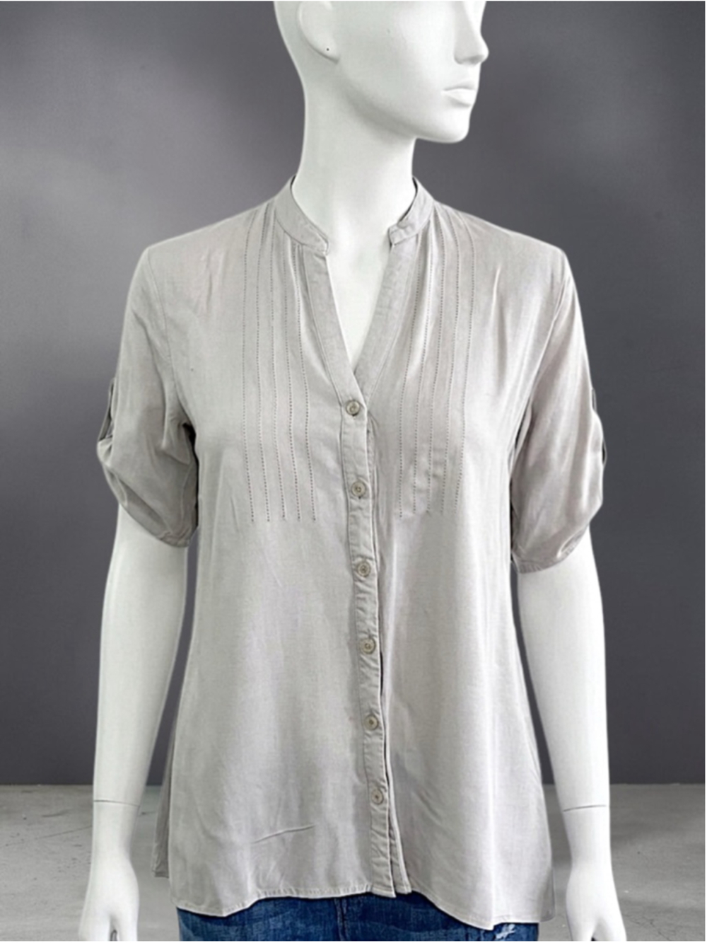 Spense Collarless Button-Down 3/4 Sleeve Blouse
